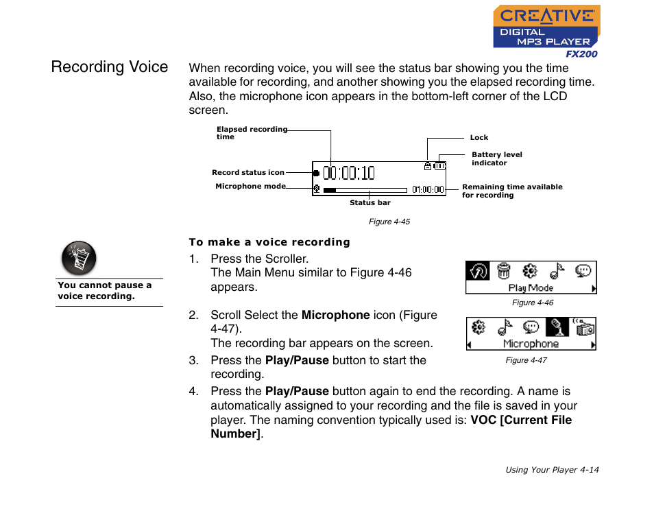 Recording voice, Recording voice -14 | CREATIVE Digital MP3 Player FX200 User Manual | Page 35 / 62