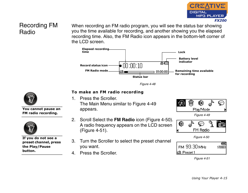 Recording fm radio, Recording fm radio -15 | CREATIVE Digital MP3 Player FX200 User Manual | Page 36 / 62