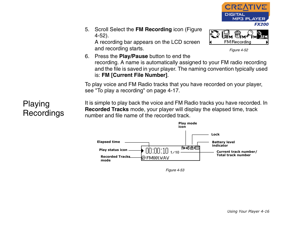 Playing recordings, Playing recordings -16 | CREATIVE Digital MP3 Player FX200 User Manual | Page 37 / 62