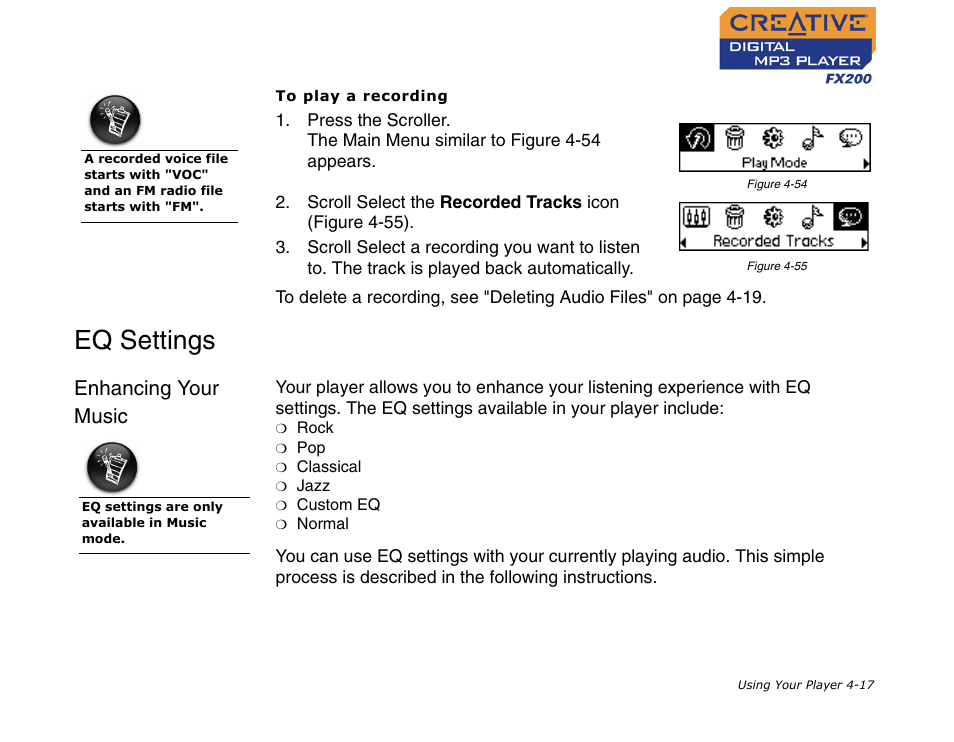 Eq settings, Enhancing your music, Eq settings -17 | Enhancing your music -17 | CREATIVE Digital MP3 Player FX200 User Manual | Page 38 / 62