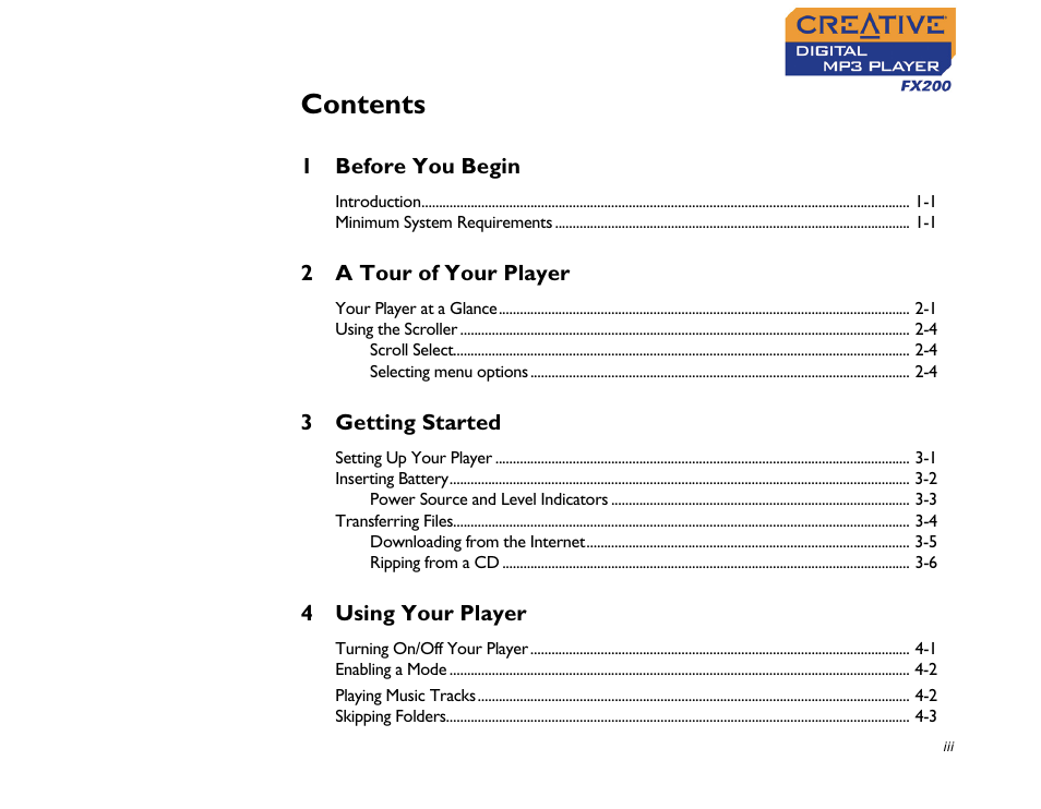 CREATIVE Digital MP3 Player FX200 User Manual | Page 4 / 62