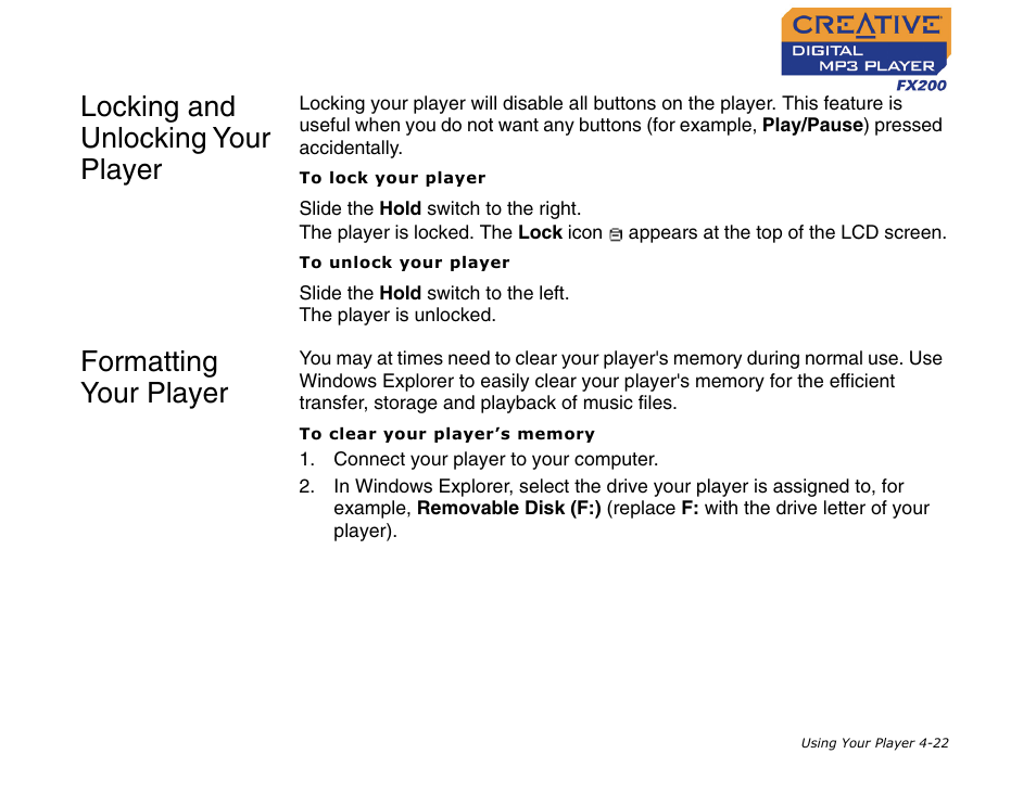 Locking and unlocking your player, Formatting your player | CREATIVE Digital MP3 Player FX200 User Manual | Page 43 / 62