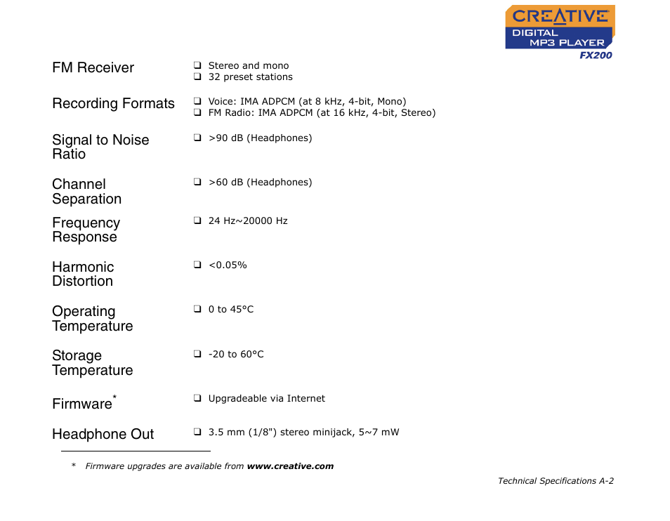 Fm receiver, Recording formats, Signal to noise ratio | Channel separation, Frequency response, Harmonic distortion, Operating temperature, Storage temperature, Firmware, Headphone out | CREATIVE Digital MP3 Player FX200 User Manual | Page 49 / 62