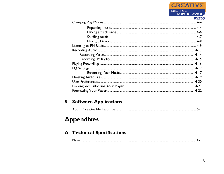 Appendixes | CREATIVE Digital MP3 Player FX200 User Manual | Page 5 / 62