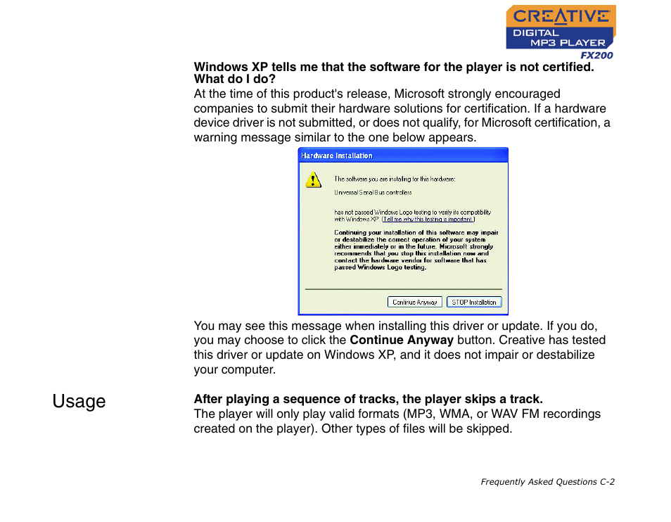 Usage | CREATIVE Digital MP3 Player FX200 User Manual | Page 59 / 62