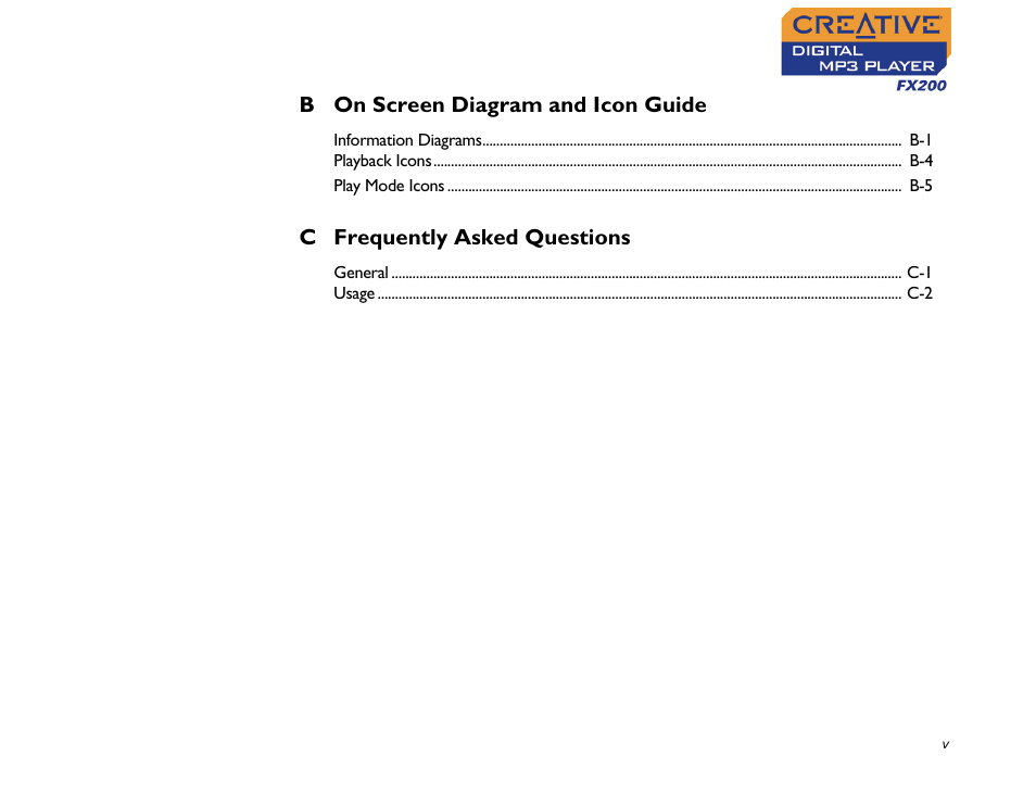 B on screen diagram and icon guide, C frequently asked questions | CREATIVE Digital MP3 Player FX200 User Manual | Page 6 / 62