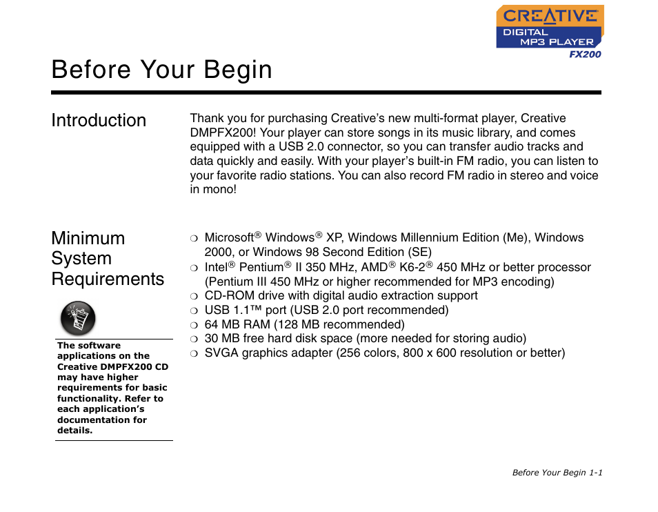 Introduction, Minimum system requirements, Introduction -1 minimum system requirements -1 | Before your begin | CREATIVE Digital MP3 Player FX200 User Manual | Page 8 / 62