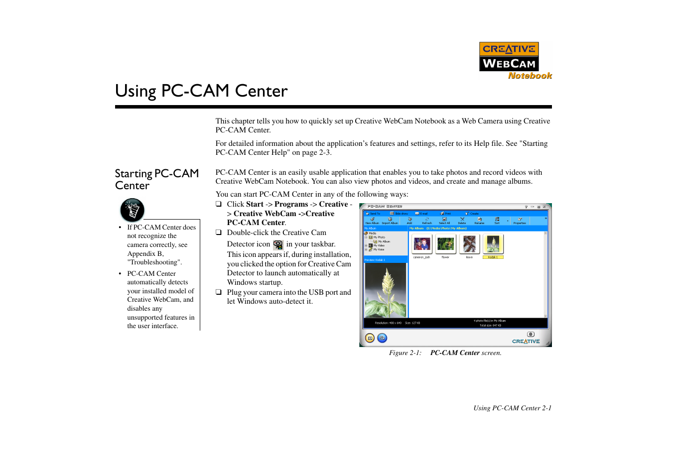 Starting pccam center, Using pc-cam center, Starting pc-cam center -1 | Starting pc-cam center | CREATIVE Webcam Notebook User Manual | Page 16 / 28