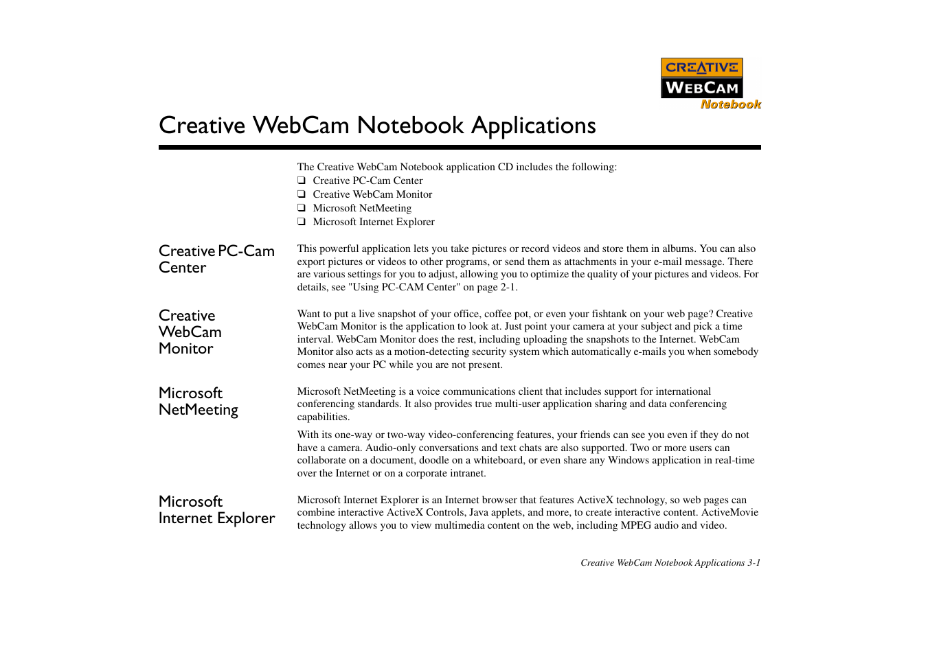 Creative pccam center, Creative webcam monitor, Microsoft netmeeting | Microsoft internet explorer, Creative webcam notebook applications | CREATIVE Webcam Notebook User Manual | Page 20 / 28