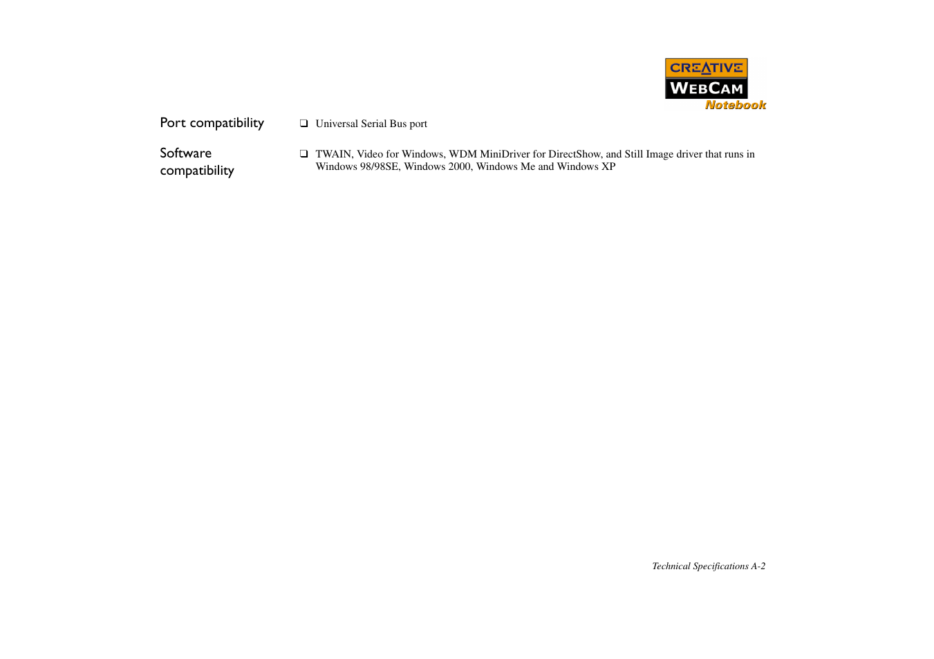 Port compatibility, Software compatibility | CREATIVE Webcam Notebook User Manual | Page 23 / 28