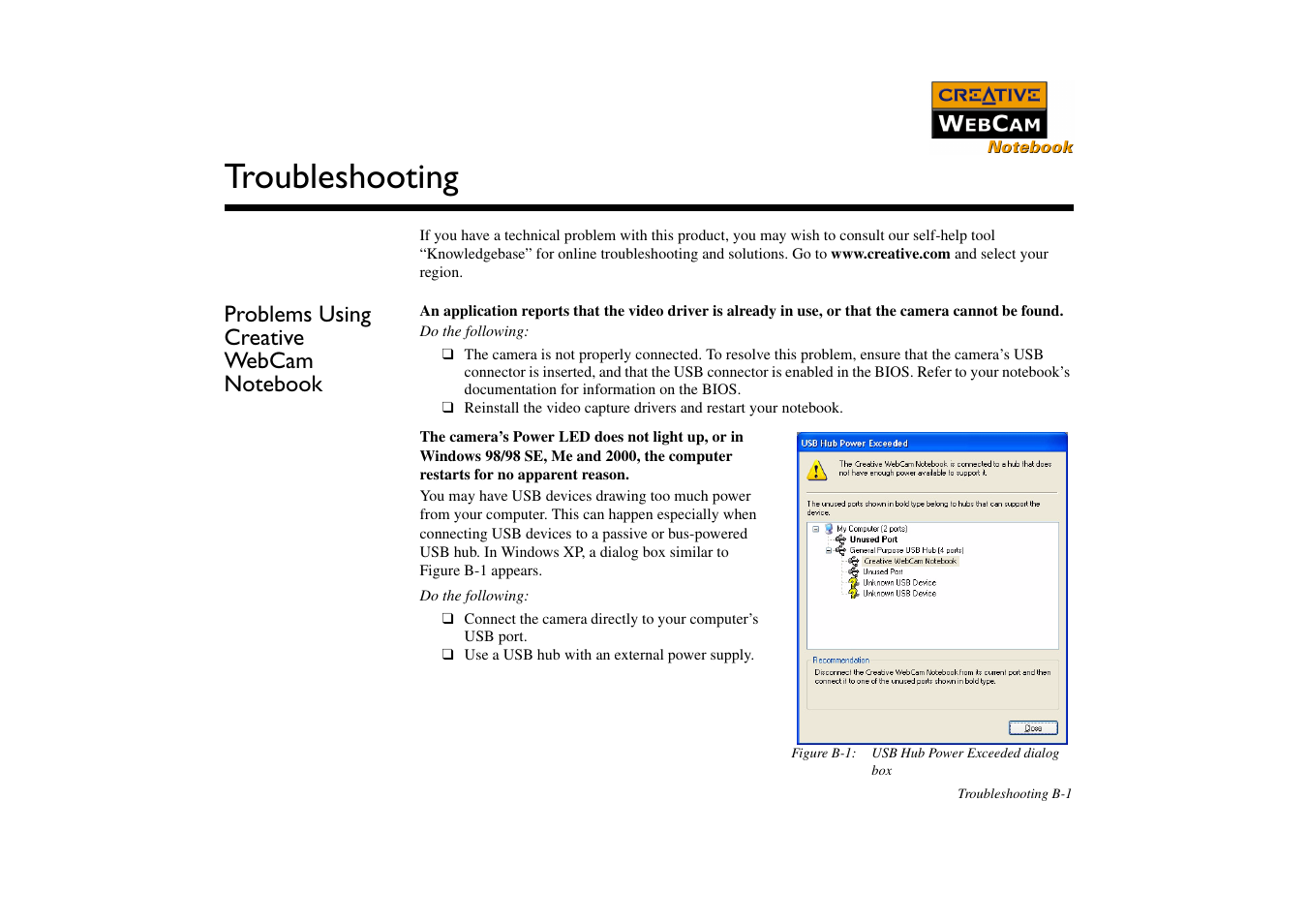 Problems using creative webcam notebook, Troubleshooting | CREATIVE Webcam Notebook User Manual | Page 25 / 28