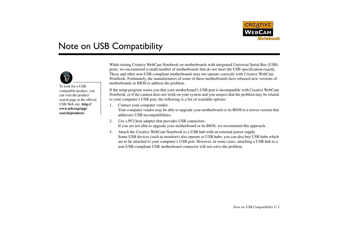 Note on usb compatibility | CREATIVE Webcam Notebook User Manual | Page 28 / 28