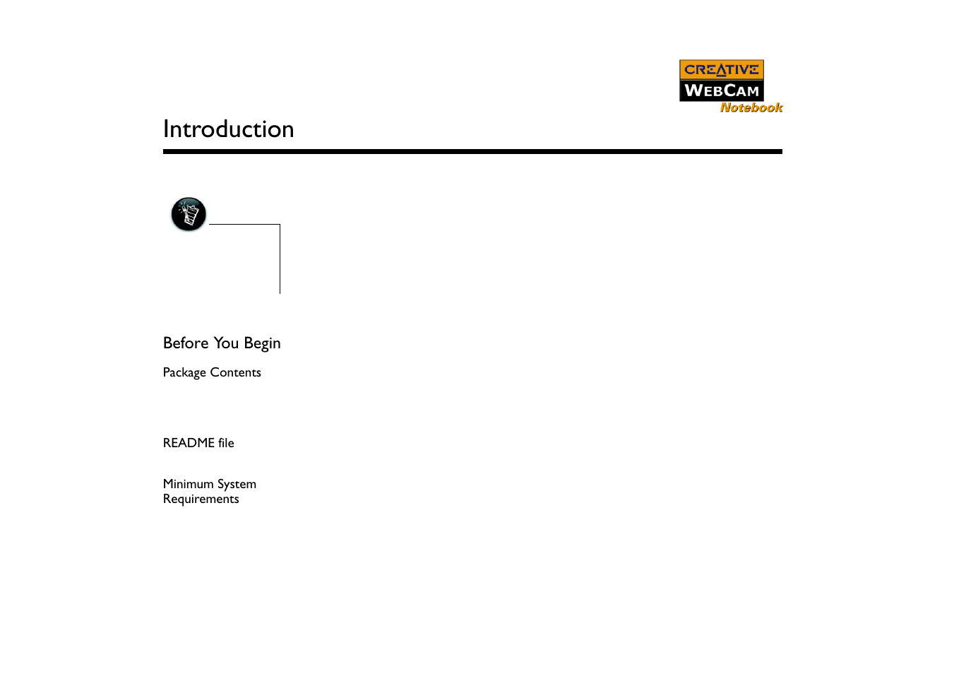 Before you begin, Package contents, Readme file | Minimum system requirements, Introduction | CREATIVE Webcam Notebook User Manual | Page 7 / 28