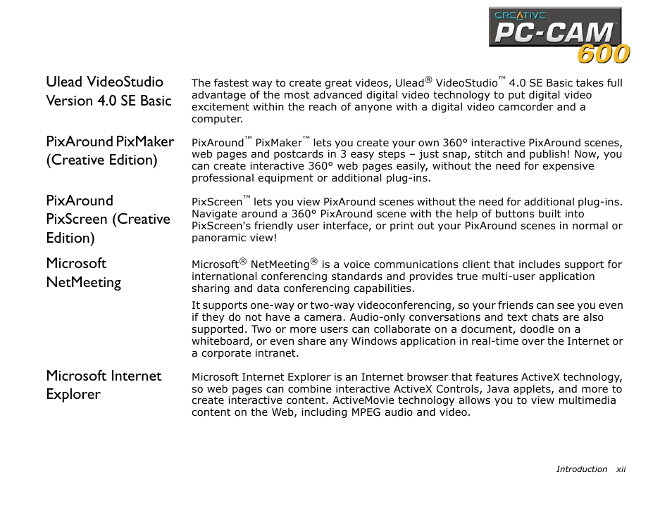 Ulead videostudio version 4.0 se basic, Pixaround pixmaker (creative edition), Pixaround pixscreen (creative edition) | Microsoft netmeeting, Microsoft internet explorer, Microsoft, Netmeeting | CREATIVE PC-CAM 600 User Manual | Page 10 / 52