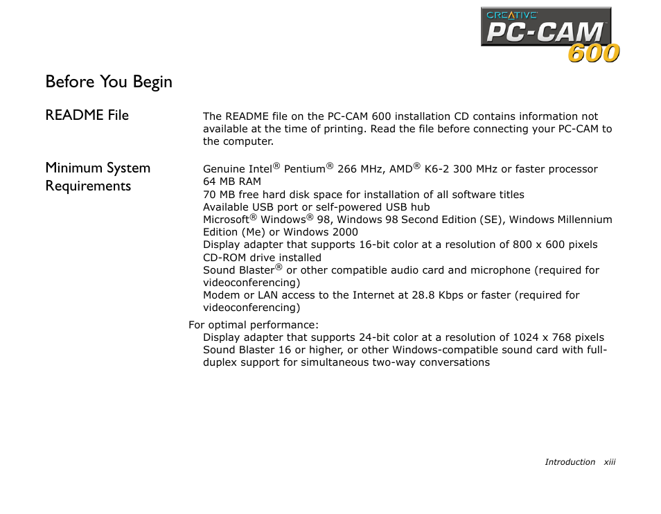 Readme file, Minimum system requirements, Before you begin | CREATIVE PC-CAM 600 User Manual | Page 11 / 52