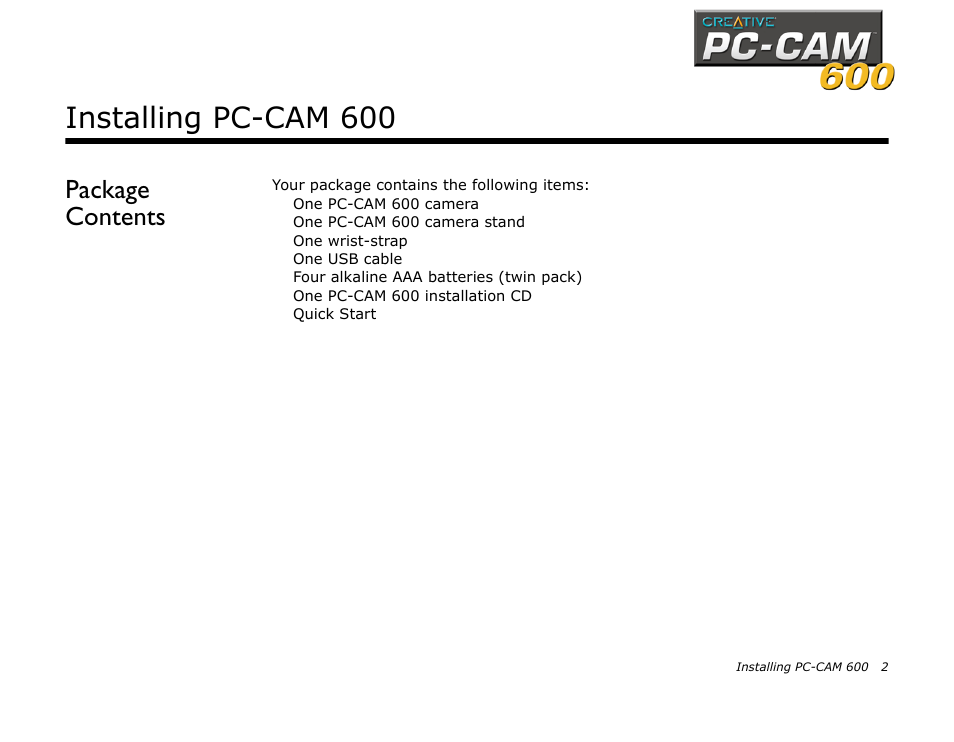 Installing pc-cam 600, Package contents | CREATIVE PC-CAM 600 User Manual | Page 14 / 52