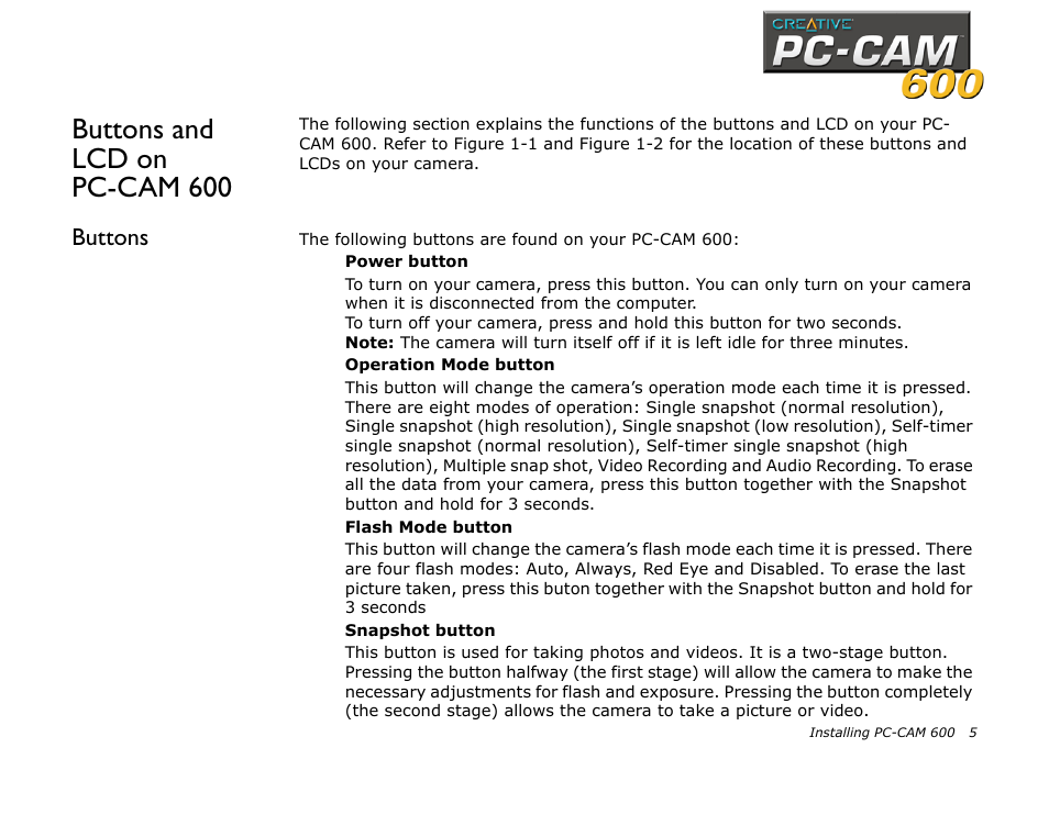 Buttons and lcd on pc-cam 600, Buttons | CREATIVE PC-CAM 600 User Manual | Page 17 / 52