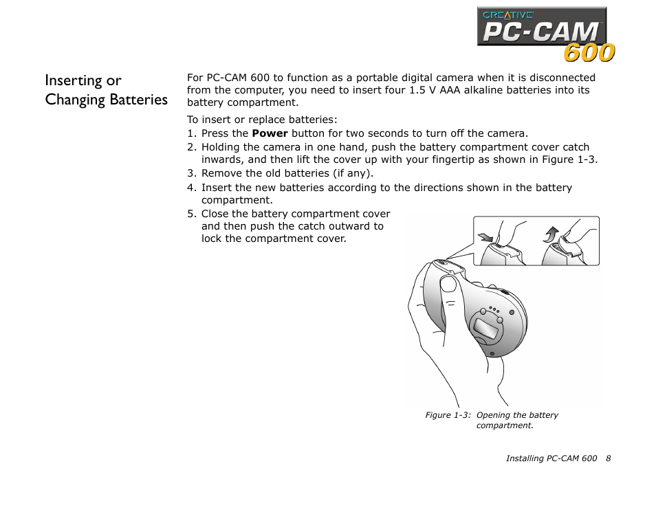 Inserting or changing batteries | CREATIVE PC-CAM 600 User Manual | Page 20 / 52