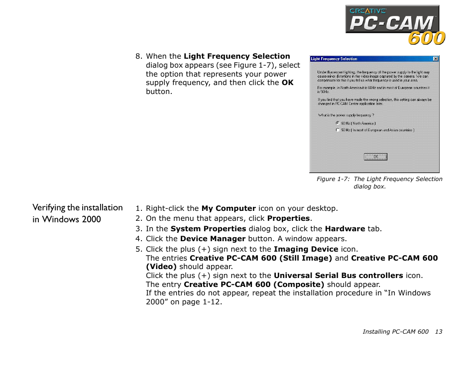 Verifying the installation in windows 2000 | CREATIVE PC-CAM 600 User Manual | Page 25 / 52