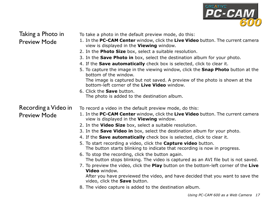 Recording a video in preview mode, Taking a photo in preview mode | CREATIVE PC-CAM 600 User Manual | Page 29 / 52