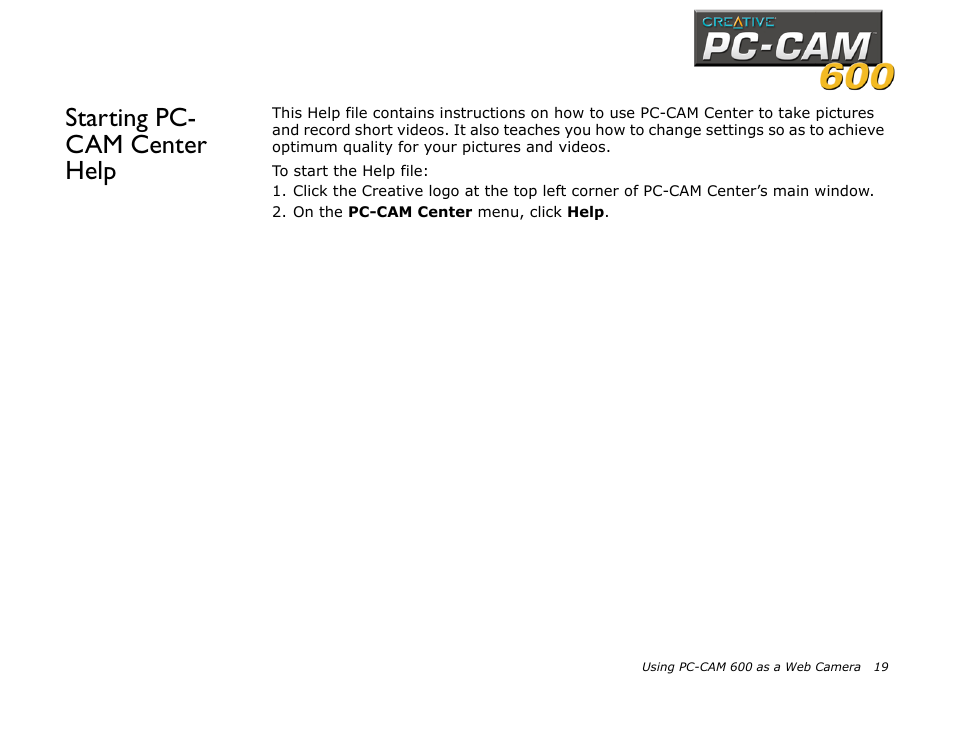 Starting pc- cam center help, Starting pc-cam center help, Ion “starting pc-cam center | E “starting pc-cam | CREATIVE PC-CAM 600 User Manual | Page 31 / 52