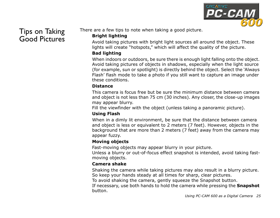Tips on taking good pictures | CREATIVE PC-CAM 600 User Manual | Page 37 / 52