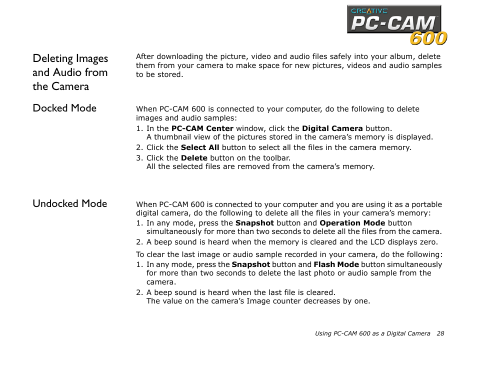 Docked mode, Undocked mode, Docked mode undocked mode | Deleting images and audio from the camera | CREATIVE PC-CAM 600 User Manual | Page 40 / 52