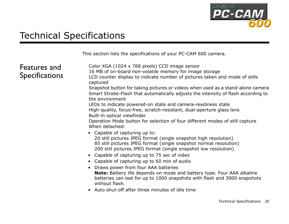 Technical specifications, Features and specifications | CREATIVE PC-CAM 600 User Manual | Page 42 / 52