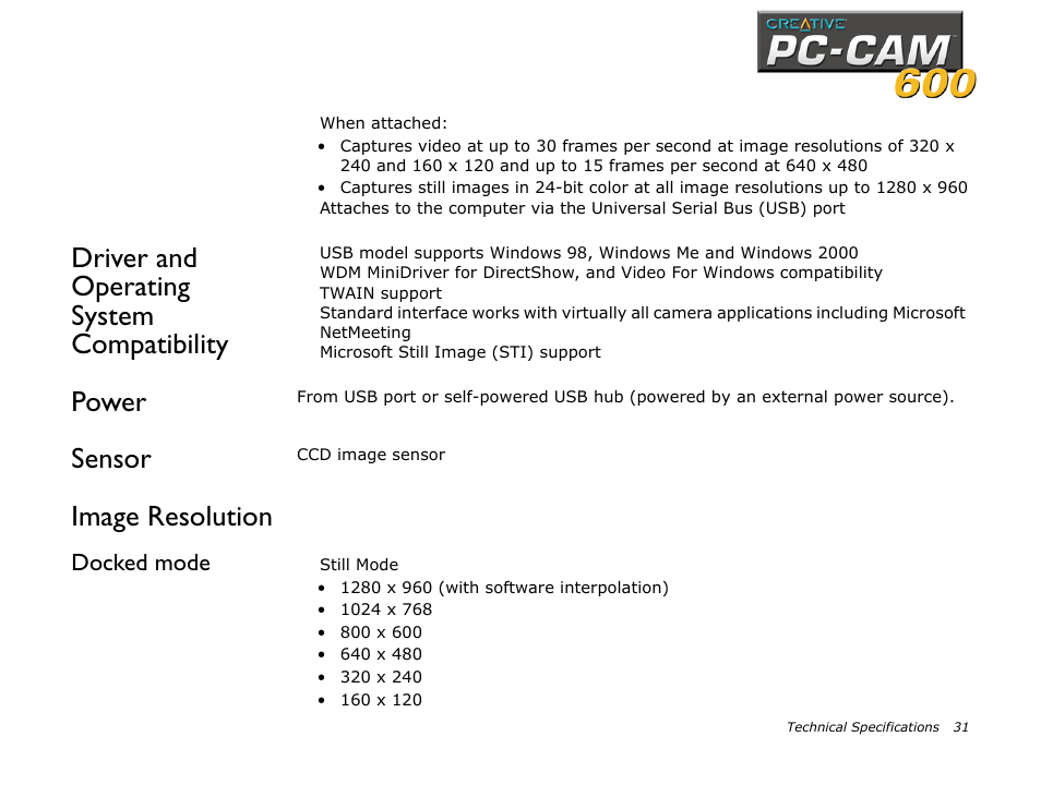 Driver and operating system compatibility, Power, Sensor | Image resolution, Docked mode | CREATIVE PC-CAM 600 User Manual | Page 43 / 52