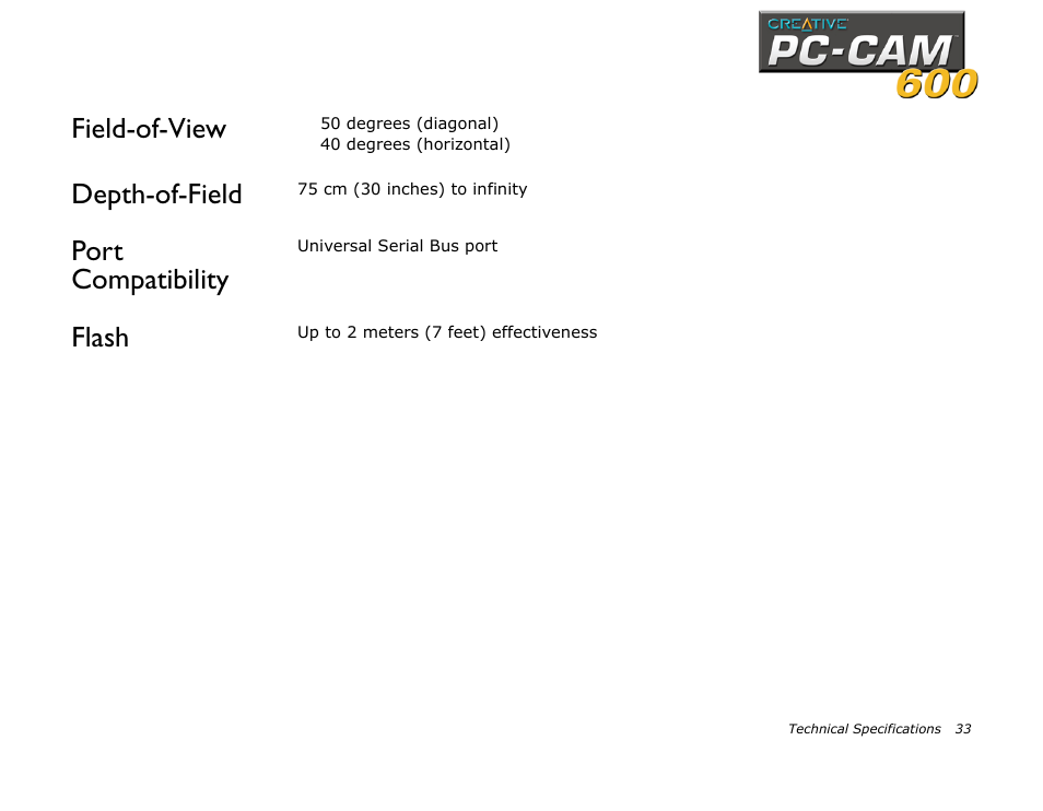 Depth-of-field, Port compatibility, Flash | Depth-of-field port compatibility flash, Field-of-view | CREATIVE PC-CAM 600 User Manual | Page 45 / 52