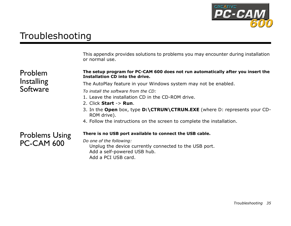 Troubleshooting, Problem installing software, Problems using pc-cam 600 | CREATIVE PC-CAM 600 User Manual | Page 47 / 52