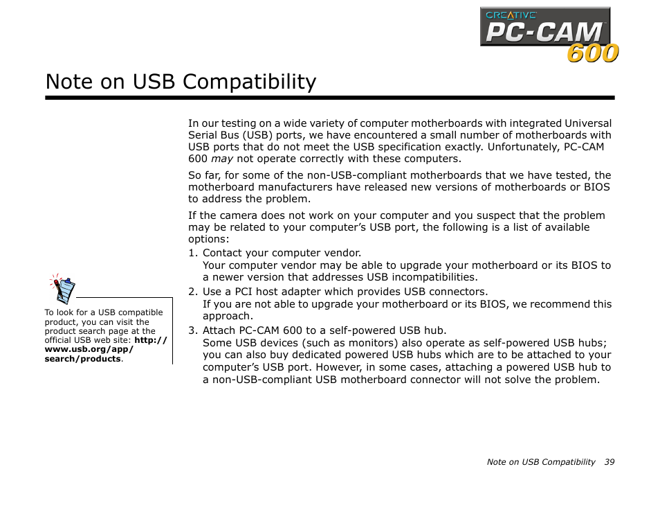 Note on usb compatibility | CREATIVE PC-CAM 600 User Manual | Page 51 / 52