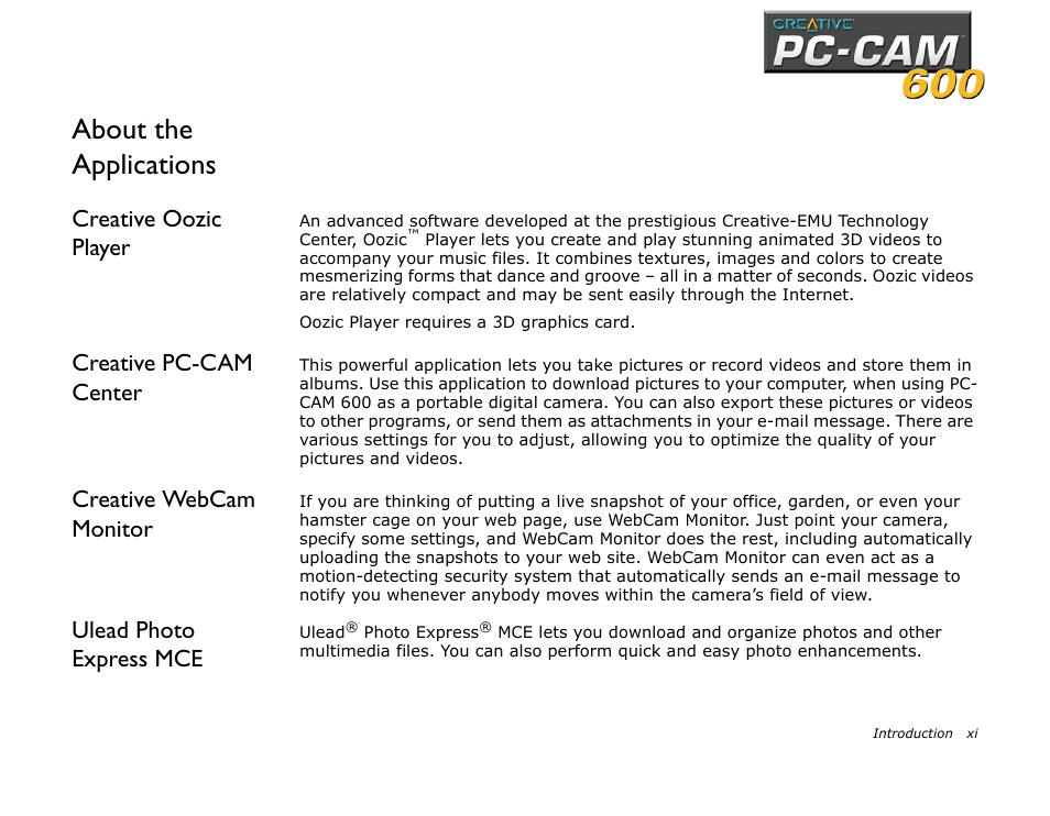Creative oozic player, Creative pc-cam center, Creative webcam monitor | Ulead photo express mce, About the applications | CREATIVE PC-CAM 600 User Manual | Page 9 / 52