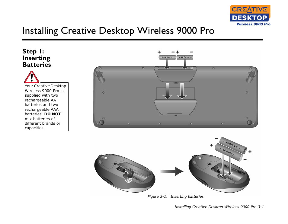 Step 1: inserting batteries, Step 1: inserting batteries -1, Installing creative desktop wireless 9000 pro | CREATIVE 9000 Pro User Manual | Page 16 / 34