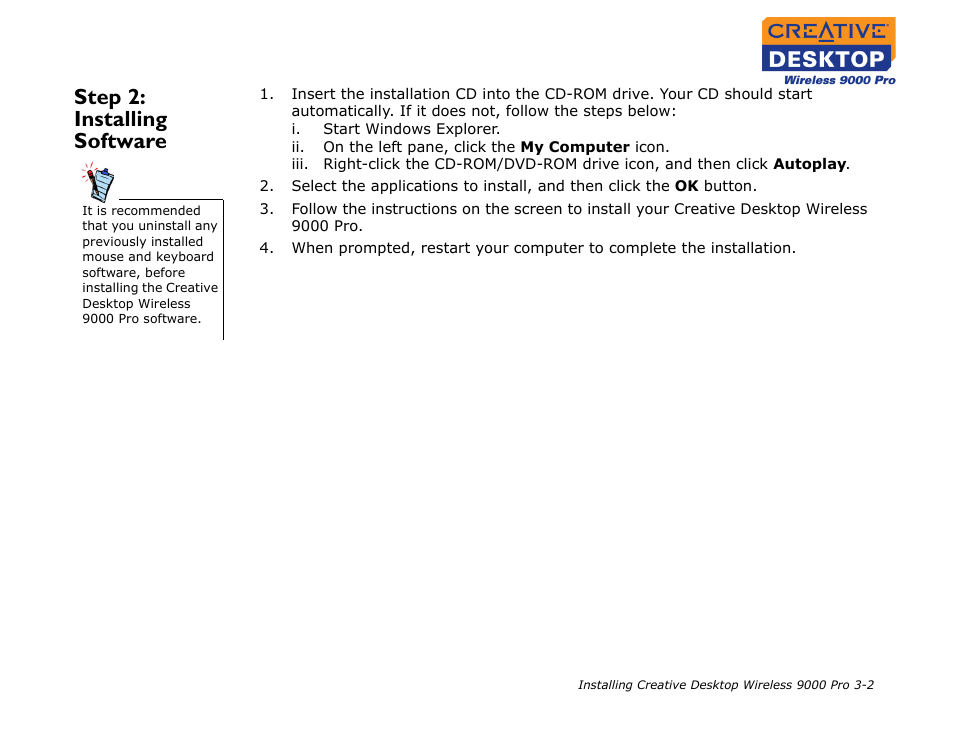 Step 2: installing software, Step 2: installing software -2 | CREATIVE 9000 Pro User Manual | Page 17 / 34