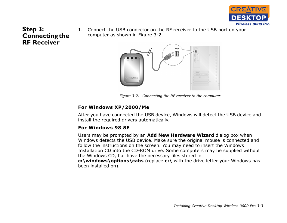 Step 3: connecting the rf receiver, Step 3: connecting the rf receiver -3 | CREATIVE 9000 Pro User Manual | Page 18 / 34