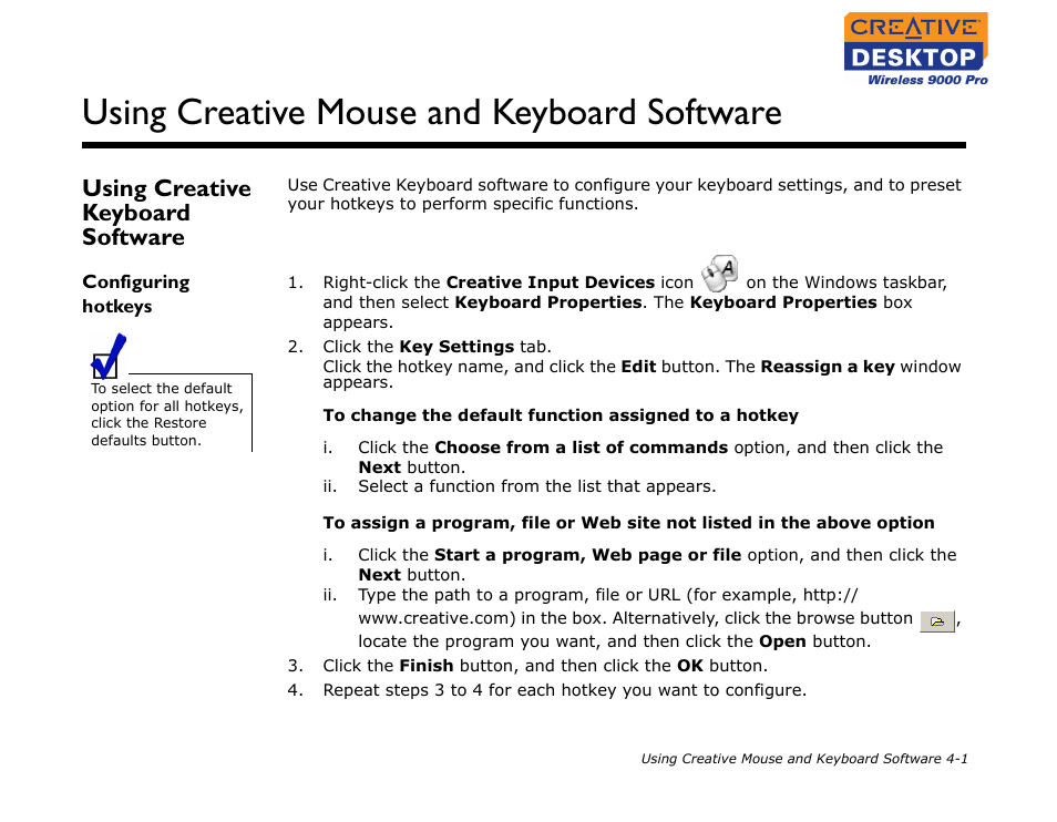Using creative keyboard software, Configuring hotkeys, Using creative keyboard software -1 | Configuring hotkeys -1, Using creative mouse and keyboard software | CREATIVE 9000 Pro User Manual | Page 22 / 34
