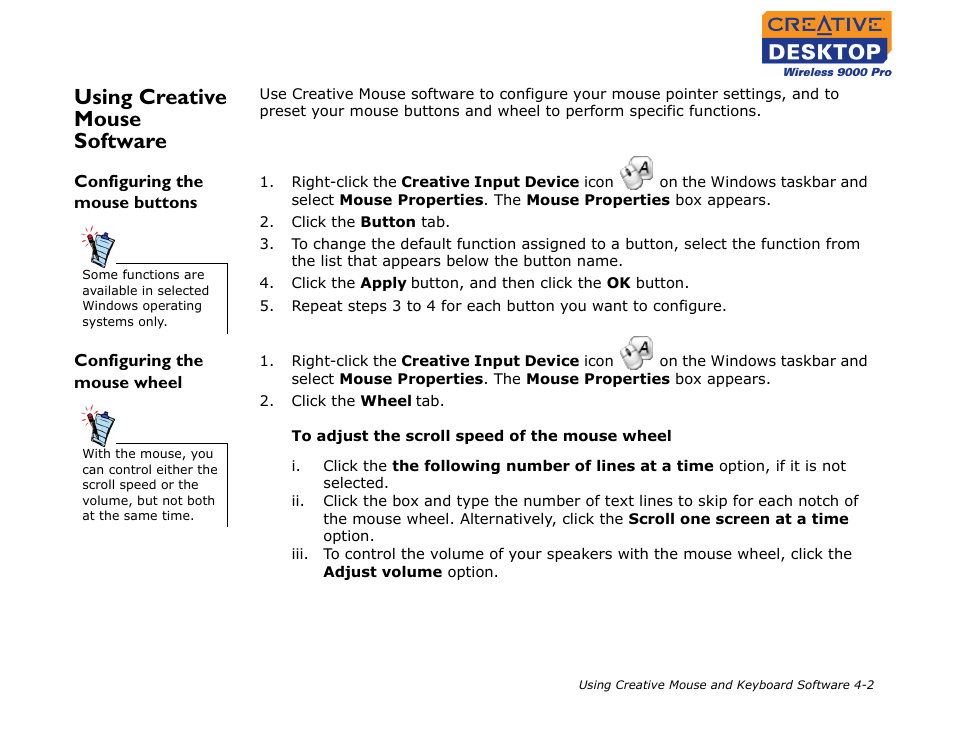 Using creative mouse software, Configuring the mouse buttons, Configuring the mouse wheel | Using creative mouse software -2 | CREATIVE 9000 Pro User Manual | Page 23 / 34