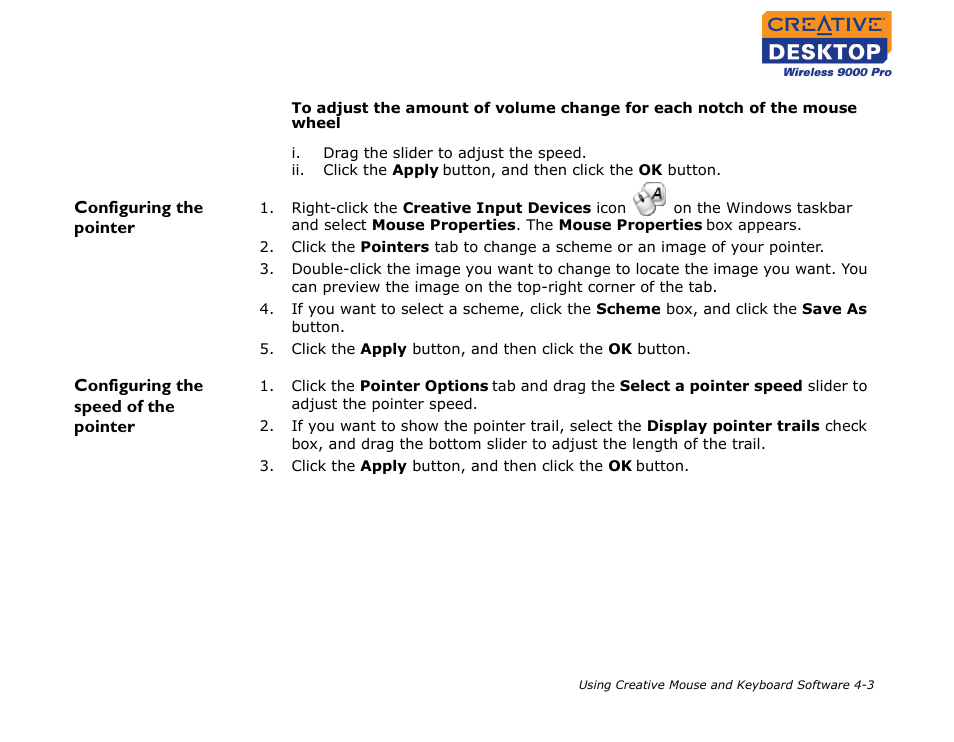 Configuring the pointer, Configuring the speed of the pointer | CREATIVE 9000 Pro User Manual | Page 24 / 34