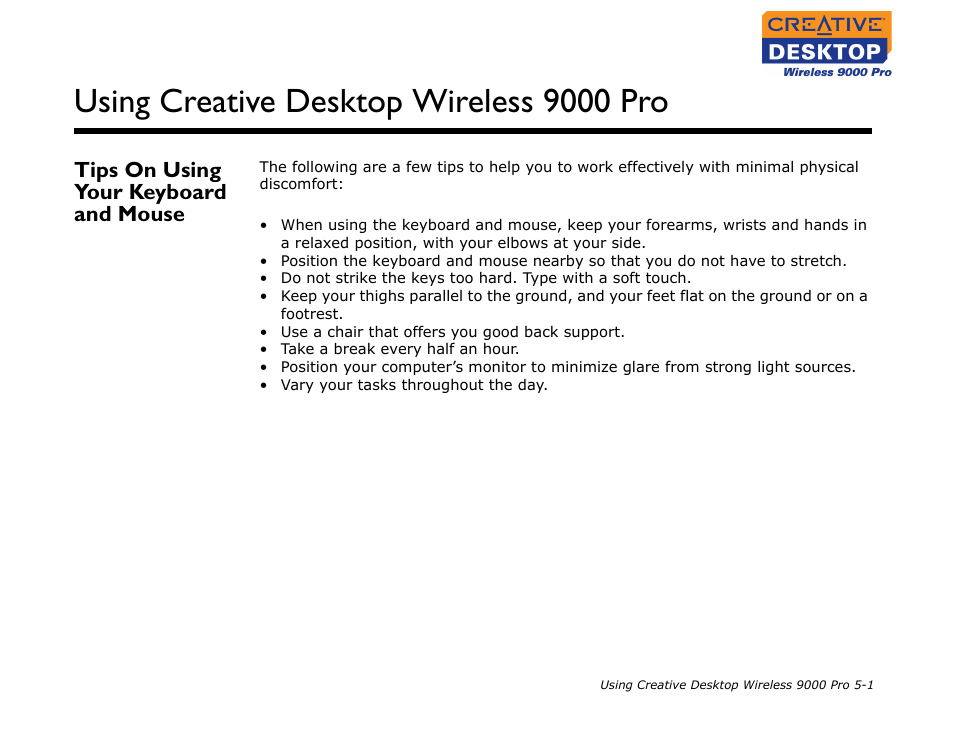 Tips on using your keyboard and mouse, Tips on using your keyboard and mouse -1, Using creative desktop wireless 9000 pro | CREATIVE 9000 Pro User Manual | Page 26 / 34