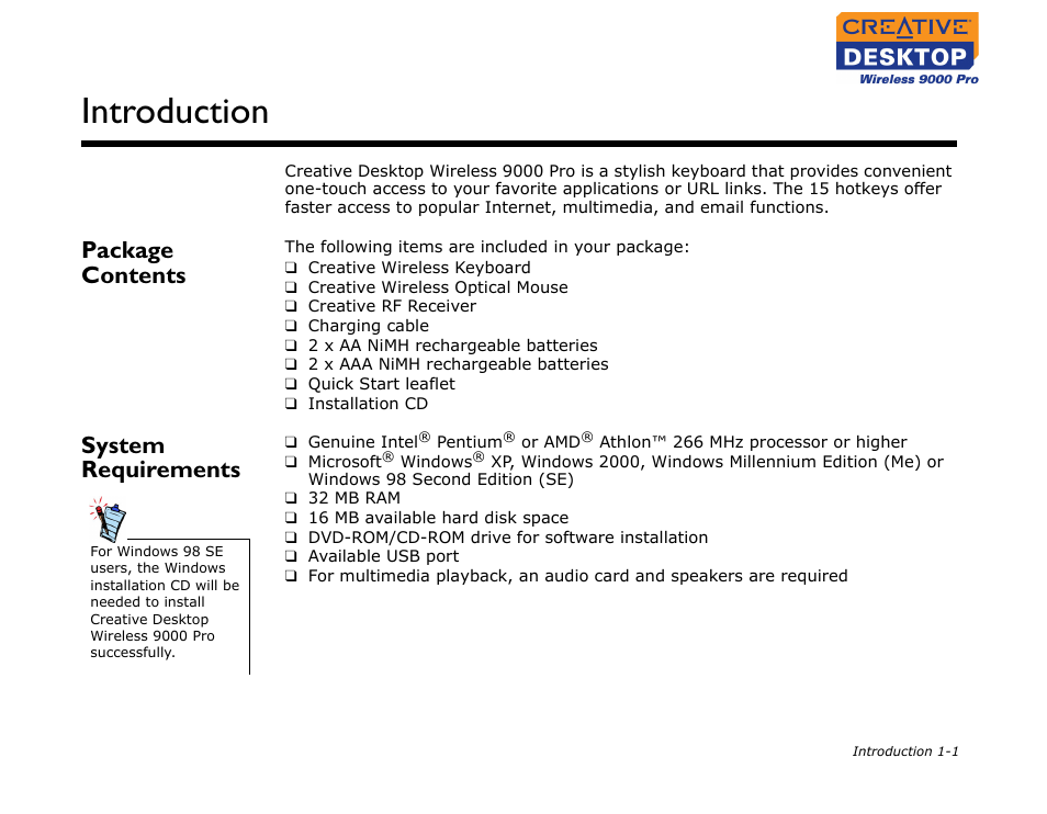 Package contents, System requirements, Package contents -1 | System requirements -1, Introduction | CREATIVE 9000 Pro User Manual | Page 8 / 34