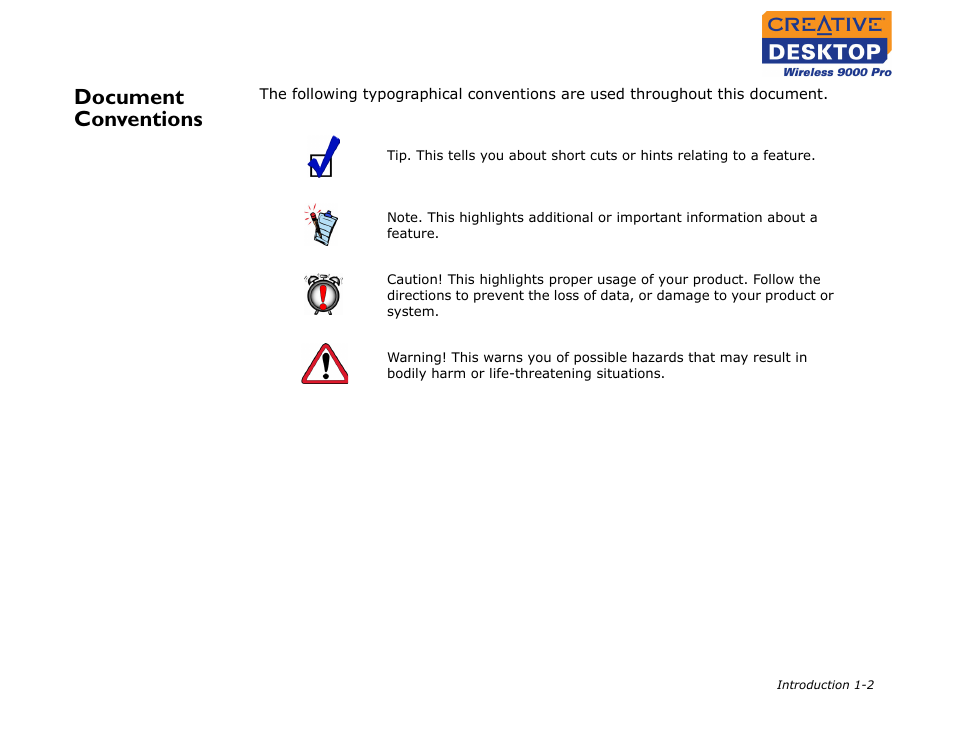 Document conventions, Document conventions -2 | CREATIVE 9000 Pro User Manual | Page 9 / 34