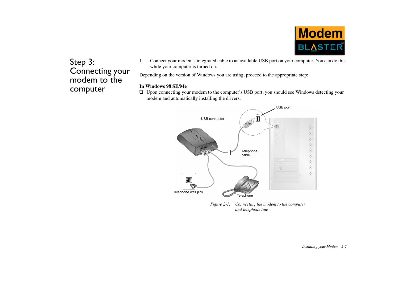 Step 3: connecting your modem to the computer, Step 3: connecting your modem to the computer -2 | CREATIVE Modem Blaster DE5773 User Manual | Page 12 / 38