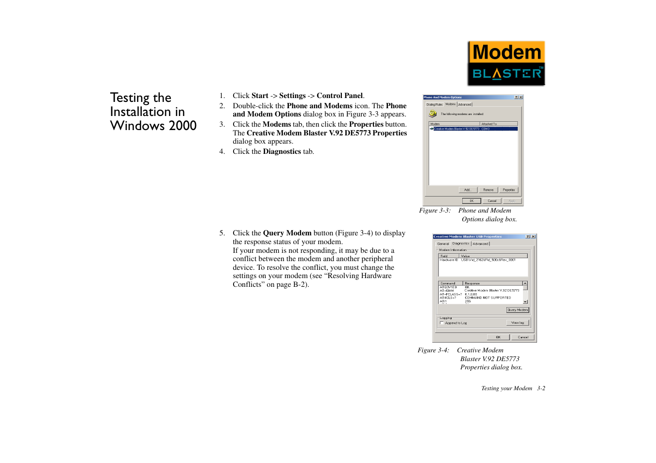 Testing the installation in windows 2000, Testing the installation in windows 2000 -2 | CREATIVE Modem Blaster DE5773 User Manual | Page 17 / 38