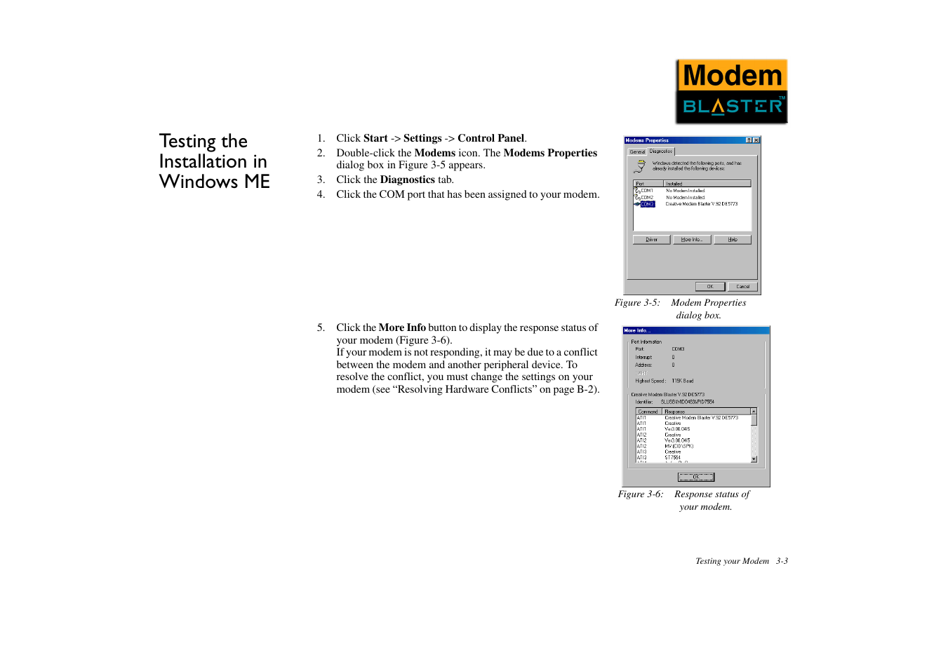 Testing the installation in windows me, Testing the installation in windows me -3 | CREATIVE Modem Blaster DE5773 User Manual | Page 18 / 38