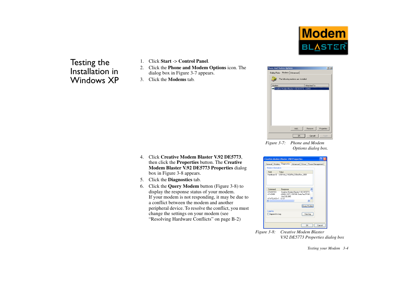 Testing the installation in windows xp, Testing the installation in windows xp -4 | CREATIVE Modem Blaster DE5773 User Manual | Page 19 / 38