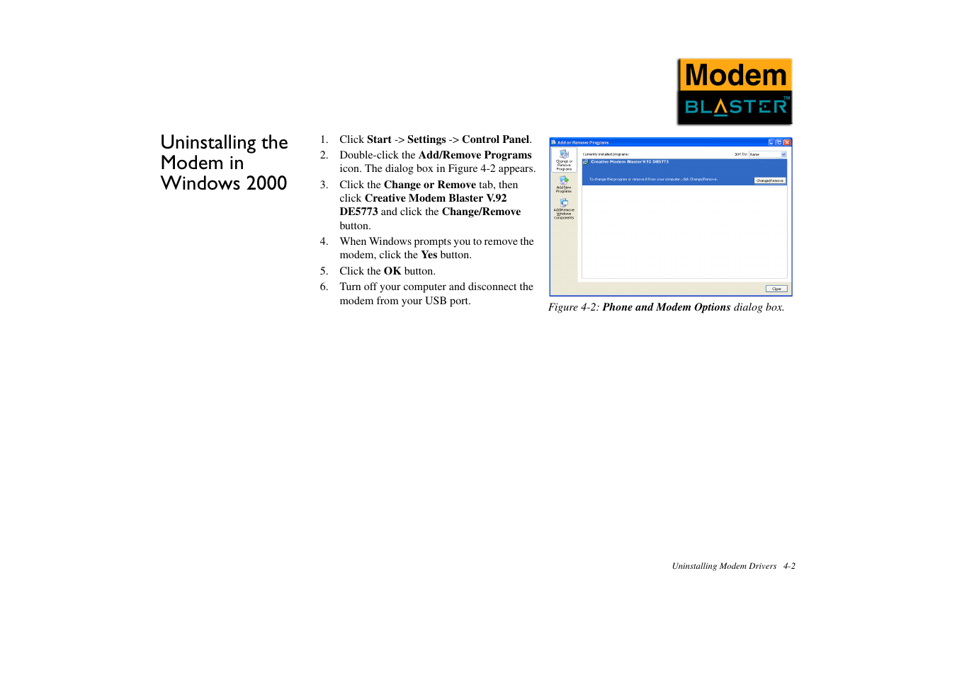 Uninstalling the modem in windows 2000, Uninstalling the modem in windows 2000 -2 | CREATIVE Modem Blaster DE5773 User Manual | Page 22 / 38