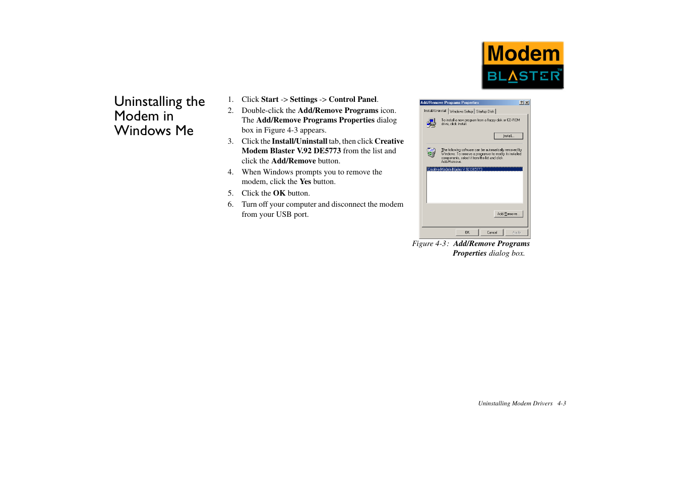 Uninstalling the modem in windows me, Uninstalling the modem in windows me -3 | CREATIVE Modem Blaster DE5773 User Manual | Page 23 / 38
