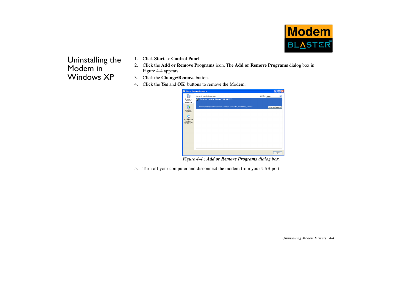 Uninstalling the modem in windows xp, Uninstalling the modem in windows xp -4 | CREATIVE Modem Blaster DE5773 User Manual | Page 24 / 38