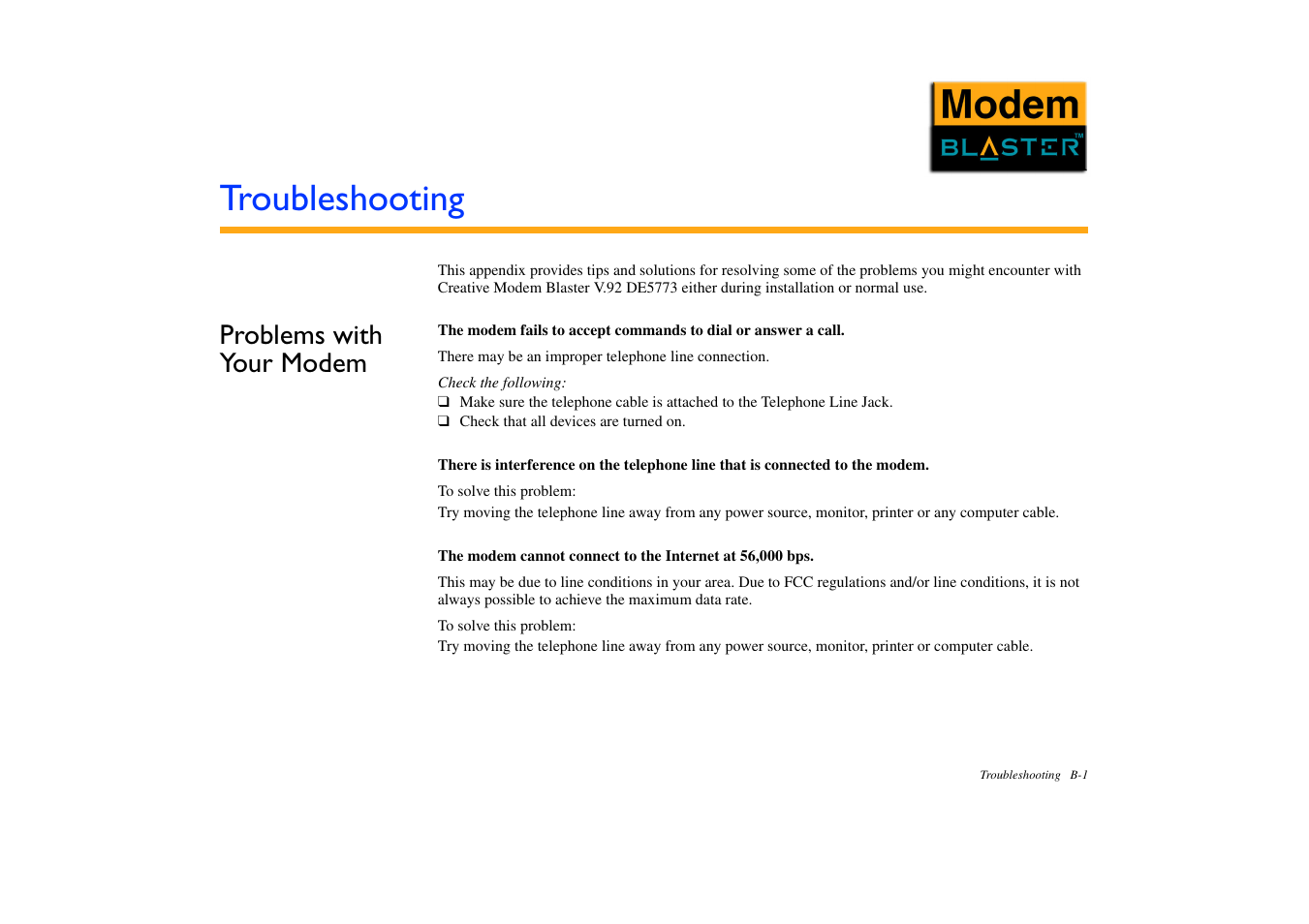Troubleshooting, Problems with your modem | CREATIVE Modem Blaster DE5773 User Manual | Page 35 / 38